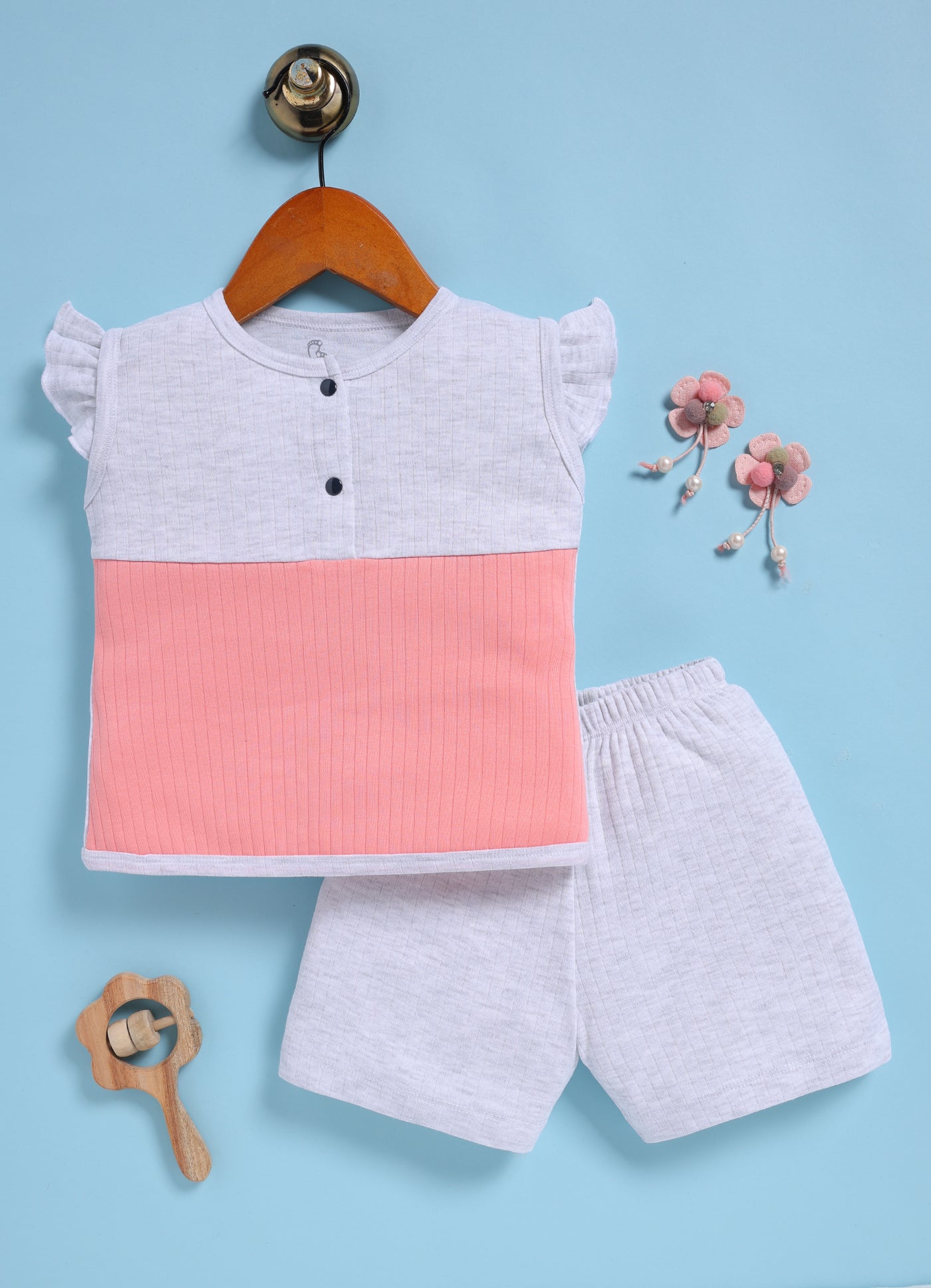 Half-Sleeve Top & Bottom For Girls - White Melange Breeze
