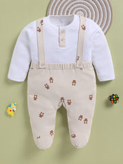 Full Sleeve Romper for Boys – Cream Bear Print Suspender-Style Footie