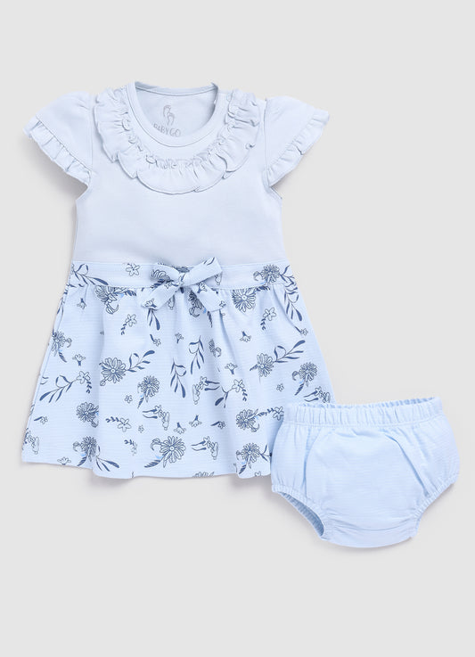 Floral Printed Baby Girl Frock/Dress with pant set-Sky Blue