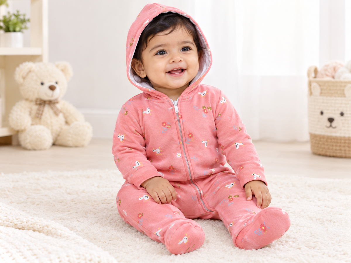 Floral Duck Printed Hooded Fleece-Lined Full Sleeve Romper for Girls - Coral Pink