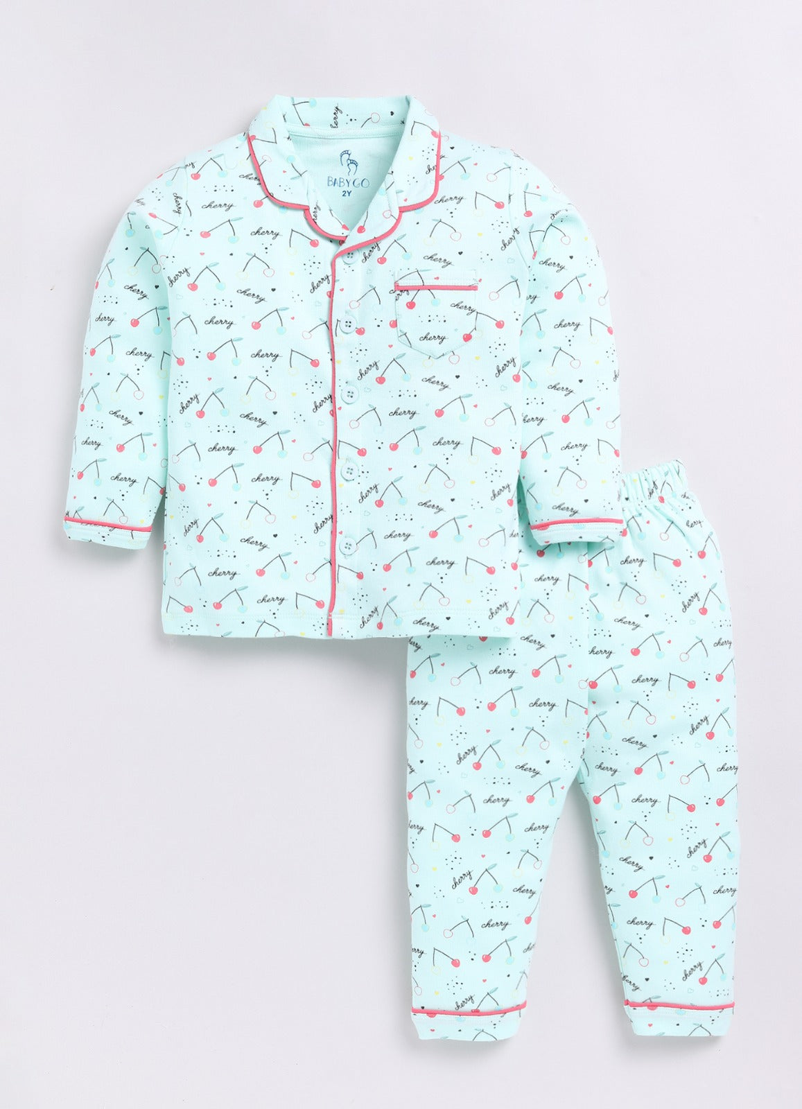 Cherry Printed Baby Girl Night Suit-LIGHT GREEN