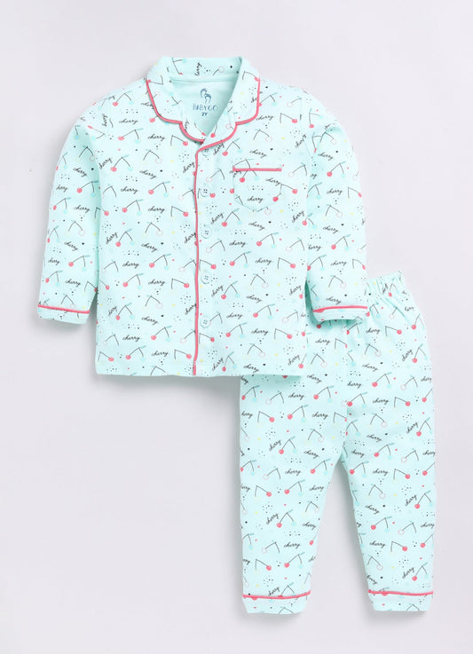Cherry Printed Baby Girl Night Suit-LIGHT GREEN