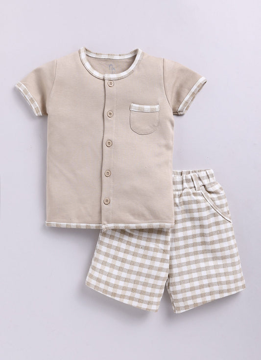 Sold Color Half T Shirt & Checked Shorts Set For Boy-Sky Beige