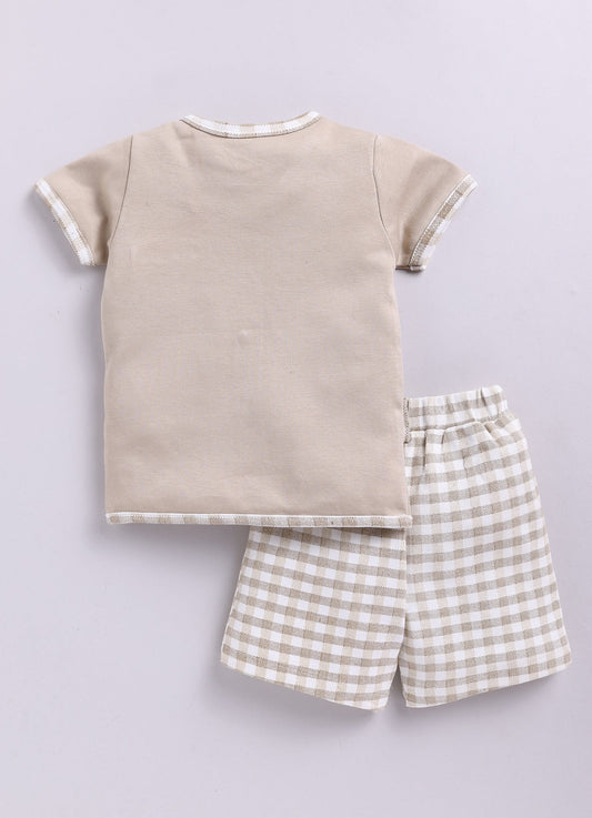 Sold Color Half T Shirt & Checked Shorts Set For Boy-Sky Beige