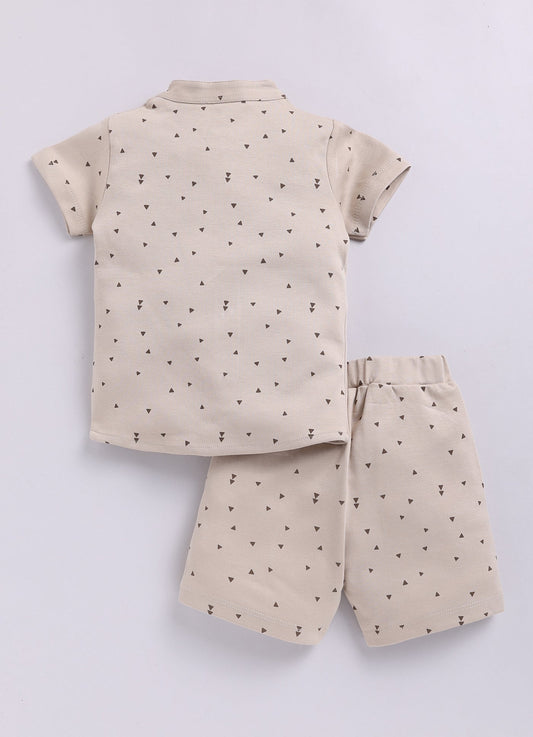 Printed Half T Shirt & Shorts Set For Baby Boy-Beige